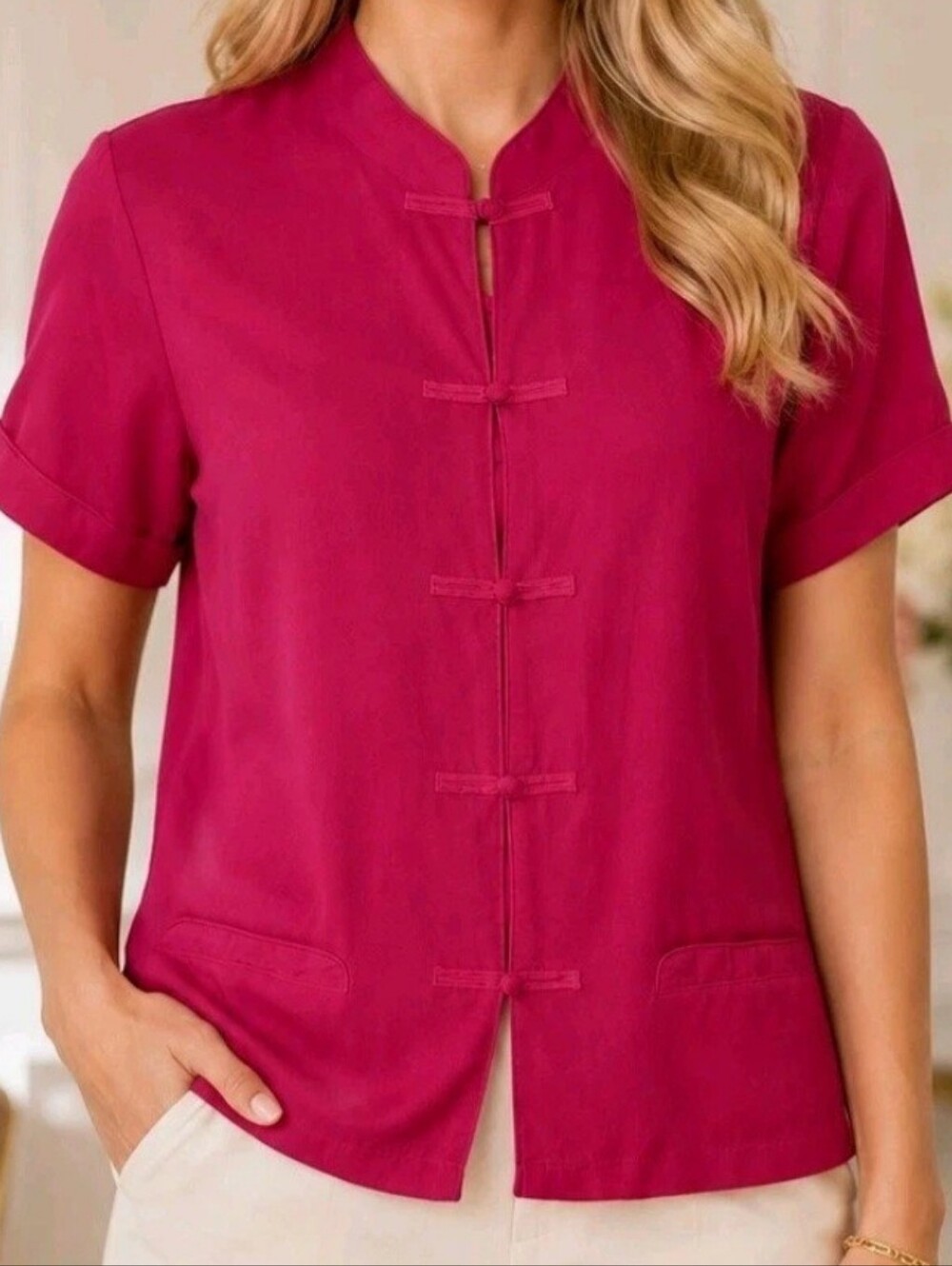 Monsoon 100% Silk Blouse Womens 6 Pink Mandarin Collar Short Sleeve Asian Style